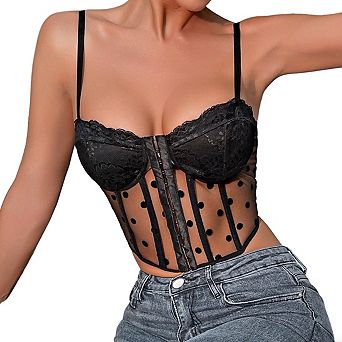 Women's Sweetheart Neck Sleeveless Lace Polka Dot Bustier Top