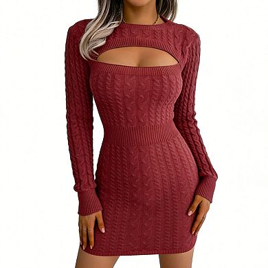 Women's Cable Knit Cutout Bodycon Dress Long Sleeve Slim Fit Casual Party Sweater Dress