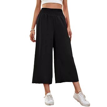 Women's Black Wide Leg Cropped Pants, High Waisted Loose-Fit 9/10 Length Trousers for Casual Wear