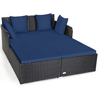 Outdoor Rattan Daybed with Cushions and Pillows - Navy