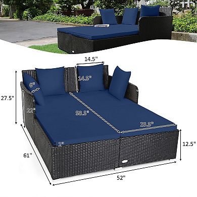 Outdoor Rattan Daybed with Cushions and Pillows - Navy