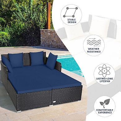 Outdoor Rattan Daybed with Cushions and Pillows - Navy