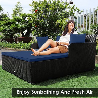 Outdoor Rattan Daybed with Cushions and Pillows - Navy