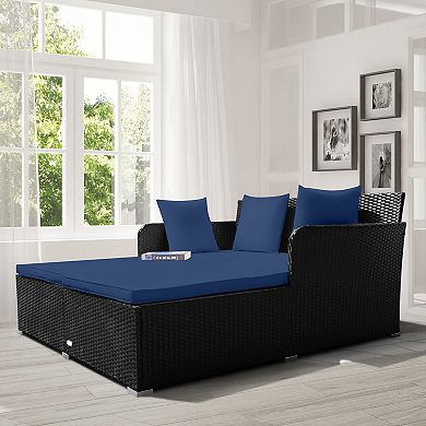 Outdoor Rattan Daybed with Cushions and Pillows - Navy