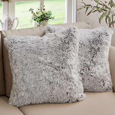 Cheer Collection Plush Shag Faux Fur Decorative Throw Pillow Set of Two for Sofa Bed Seating