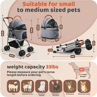 Foldable Pet Stroller with Detachable Carrier