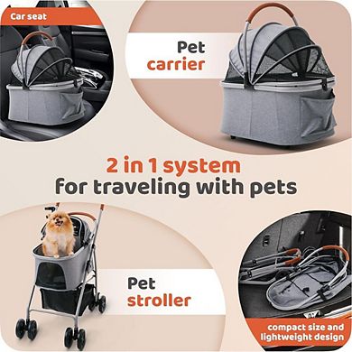 Foldable Pet Stroller with Detachable Carrier