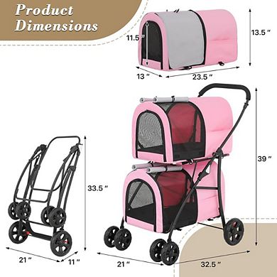 Double Foldable Pet Stroller with Detachable Bags