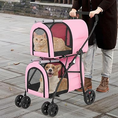 Double Foldable Pet Stroller with Detachable Bags