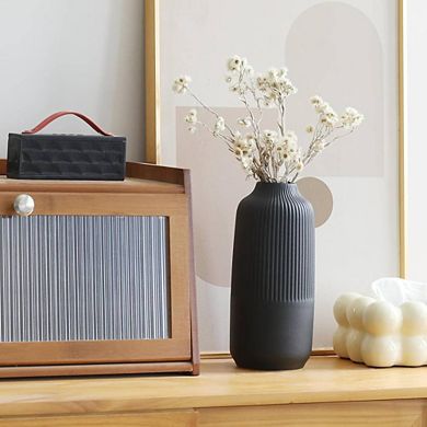 Matte Black Ribbed Ceramic Ornamental Vase