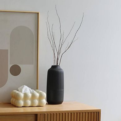 Matte Black Ribbed Ceramic Ornamental Vase