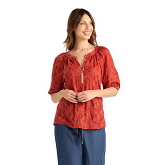 Women's AB Studio Floral Texture Elbow Sleeve Top with Necklace