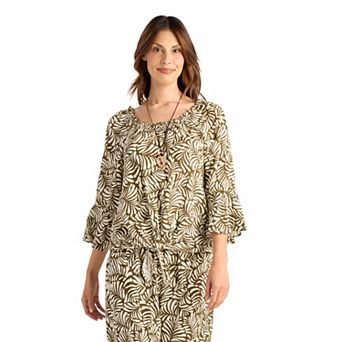 Women's AB Studio Off Shoulder Tie Front Bell Sleeve Top with Necklace