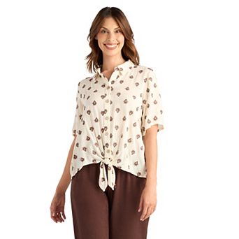 Women's AB Studio Collar Tie Front Border Sleeve Shirt