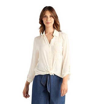Women's AB Studio Button Front Tie Hem Roll Tab Sleeve Top