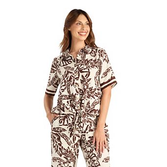 Women's AB Studio Collared Tie Front Border Sleeve Shirt