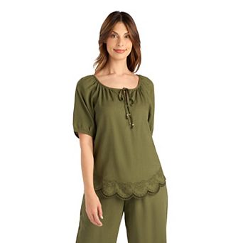 Women's AB Studio Eyelet Scallop Hem Split Neck Top