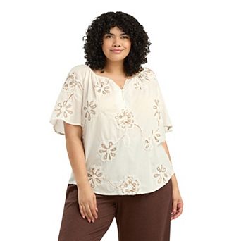 Plus Size AB Studio Short Flutter Sleeve Split Neck Top