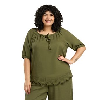 Plus Size AB Studio Eyelet Scallop Hem Split Neck Top