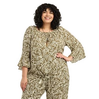 Plus Size AB Studio Off Shoulder Tie Front Bell Sleeve Top with Necklace