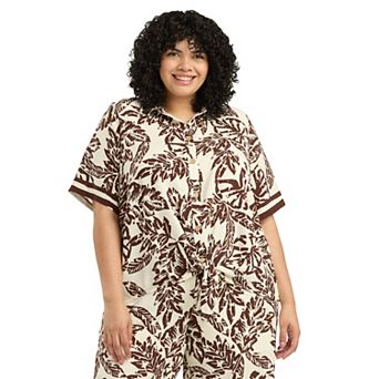 Plus Size AB Studio Collared Tie Front Border Sleeve Shirt