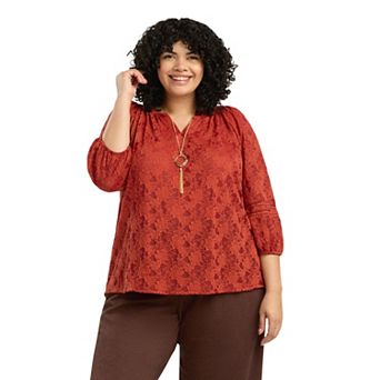 Plus Size AB Studio Floral Texture Elbow Sleeve Top with Necklace
