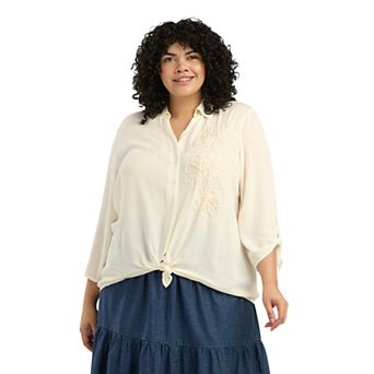 Plus Size AB Studio Button Front Tie Hem Roll Tab Sleeve Top