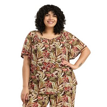 Plus Size AB Studio Flutter Sleeve Mesh Peasant Top