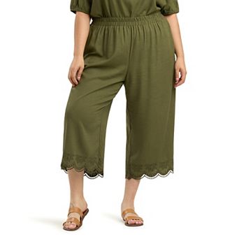 Plus Size AB Studio Eyelet Scallop Ankle Hem Pull-On Pants