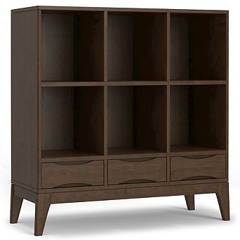 Simpli Home Harper SOLID HARDWOOD Low 6 Cube Storage with Drawers in Walnut Brown