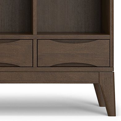 Simpli Home Harper SOLID HARDWOOD Low 6 Cube Storage with Drawers in Walnut Brown