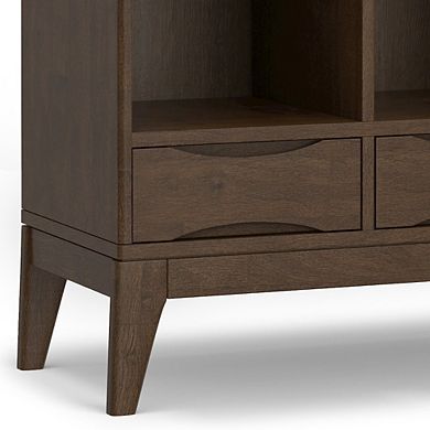 Simpli Home Harper SOLID HARDWOOD Low 6 Cube Storage with Drawers in Walnut Brown