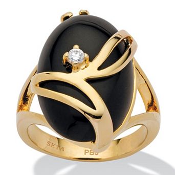 PalmBeach Jewelry Oval-Shaped Onyx and Crystal Accent Cocktail Ring in Gold-Plated
