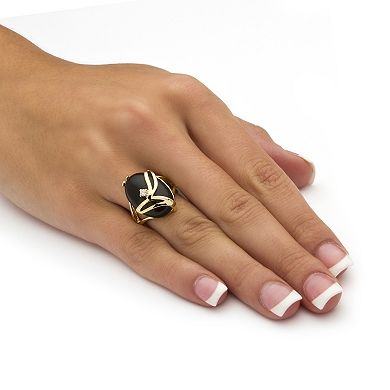 PalmBeach Jewelry Oval-Shaped Onyx and Crystal Accent Cocktail Ring in Gold-Plated