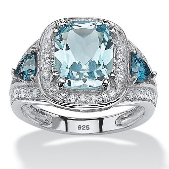 PalmBeach Jewelry 5.13 TCW London Blue Topaz and CZ Halo Ring Platinum-plated Sterling Silver