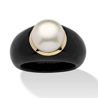 PalmBeach Jewelry Round Cultured Freshwater Pearl and Jade 10k Yellow Gold Ring