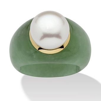 PalmBeach Jewelry Round Cultured Freshwater Pearl and Jade 10k Yellow Gold Ring
