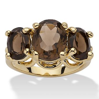 PalmBeach Jewelry 4.90 TCW Oval-Cut Genuine Smoky Quartz Yellow Gold-Plated 3-Stone Ring