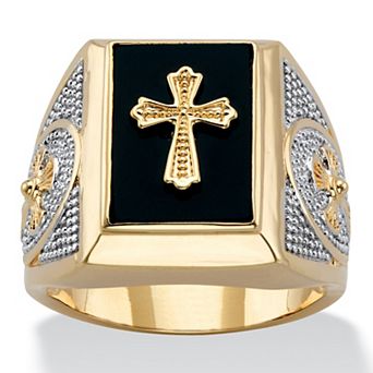 PalmBeach Jewelry Men's Gold-Plated Emerald-Cut Genuine Black Onyx Textured Cross Ring