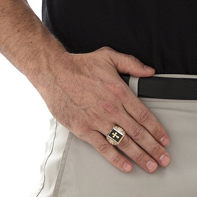 PalmBeach Jewelry Men's Gold-Plated Emerald-Cut Genuine Black Onyx Textured Cross Ring