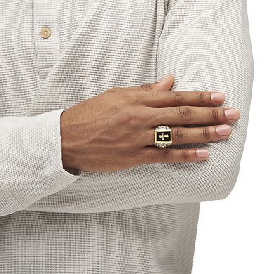 PalmBeach Jewelry Men's Gold-Plated Emerald-Cut Genuine Black Onyx Textured Cross Ring