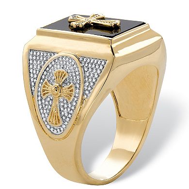 PalmBeach Jewelry Men's Gold-Plated Emerald-Cut Genuine Black Onyx Textured Cross Ring