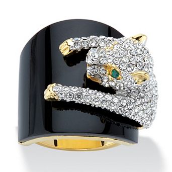 PalmBeach Jewelry Genuine Black Onyx and Crystal Gold-Plated Leopard Cocktail Ring