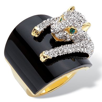 PalmBeach Jewelry Genuine Black Onyx and Crystal Gold-Plated Leopard Cocktail Ring