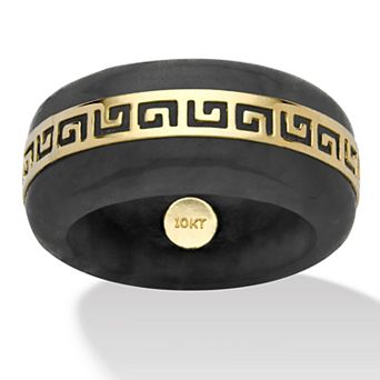 PalmBeach Jewelry Genuine Black Jade Solid 10k Yellow Gold "Greek Key" Ring