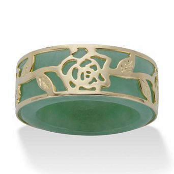 PalmBeach Jewelry Genuine Green Jade Gold-plated Sterling Silver Floral Overlay Ring Band