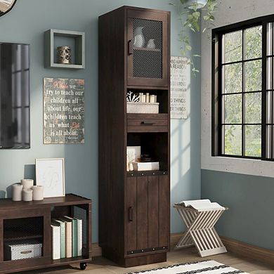 ENITIAL STAR Jax Wood Multimedia Storage Tower Cabinet in Vintage Walnut