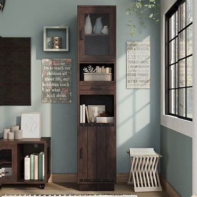 ENITIAL STAR Jax Wood Multimedia Storage Tower Cabinet in Vintage Walnut