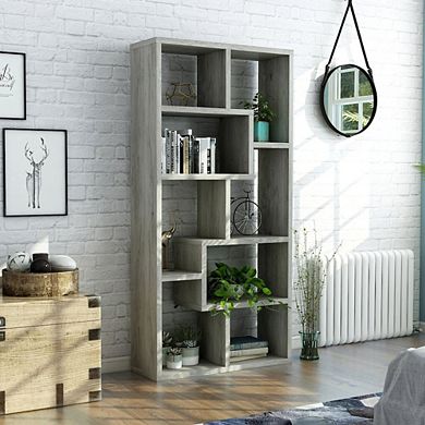 ENITIAL STAR Twain Contemporary 10-Shelf Geometric Bookcase, Vintage Gray Oak