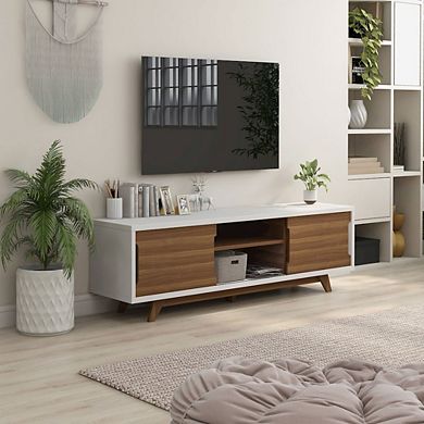 ENITIAL STAR Neva 6-Shelf Wood 63 TV Stand with Sliding Door, White
